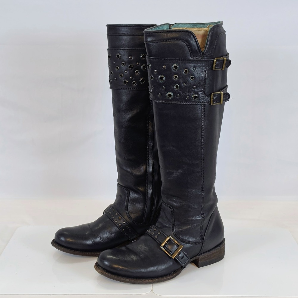 Corral Vintg Women Black Leather Studded Moto Biker Tall Western Boots 8M C2963